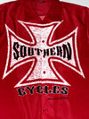 Southern Cycles Huntington Beach Red Button-Up Shirt – Iron Cross Graphic (XL)