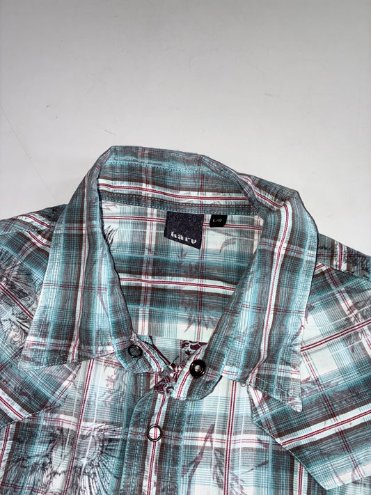 Karv Teal Plaid Western Pearl Snap Shirt with Eagle Print (M)