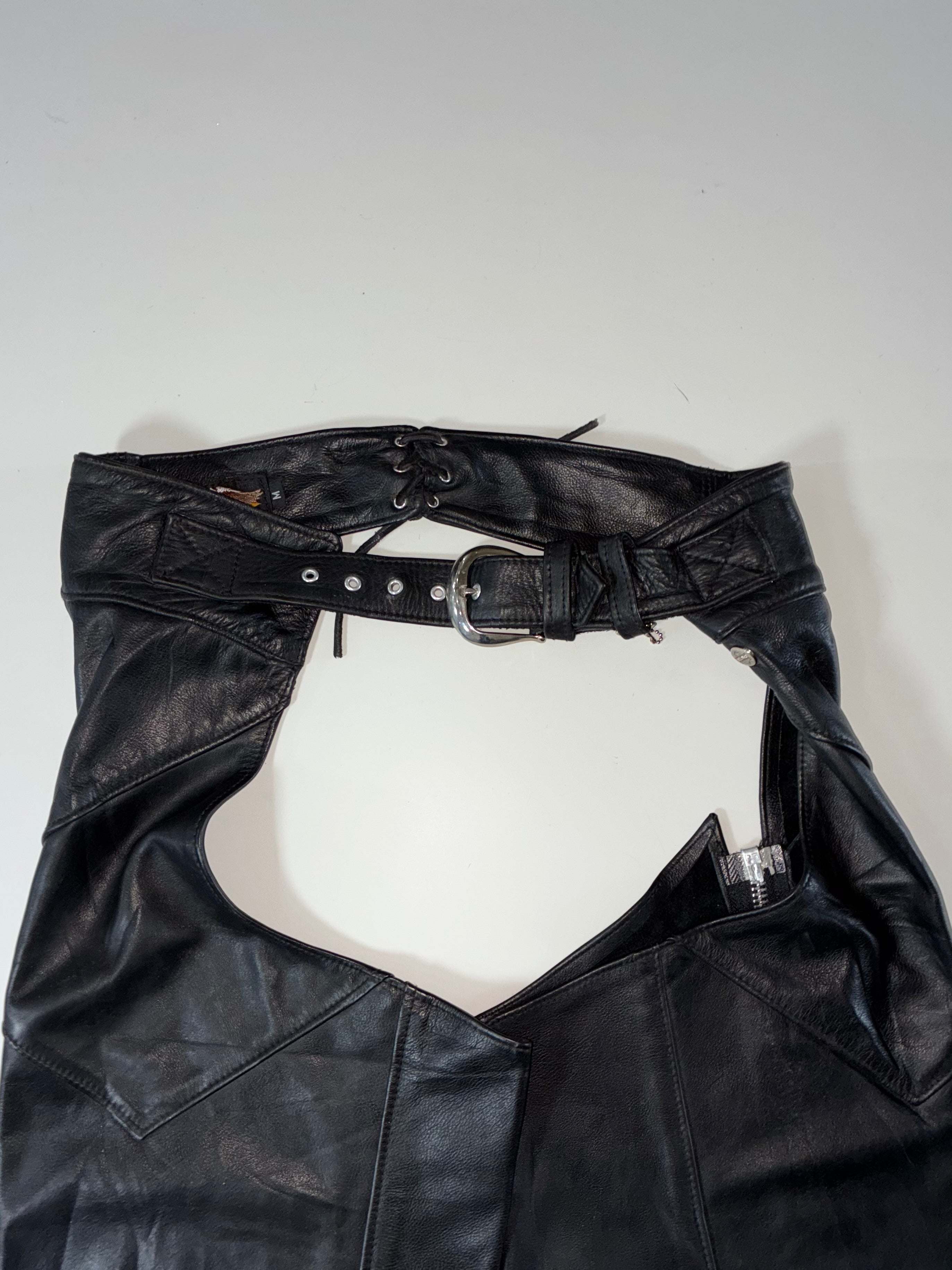 Vintage Harley-Davidson Black Leather Biker Chaps, Made in USA (W