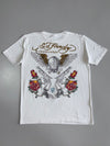 Ed Hardy by Christian Audigier White Tee  Gold Script Logo, Winged Skull Front & Crossed Pistols Roses Back Graphic (M)