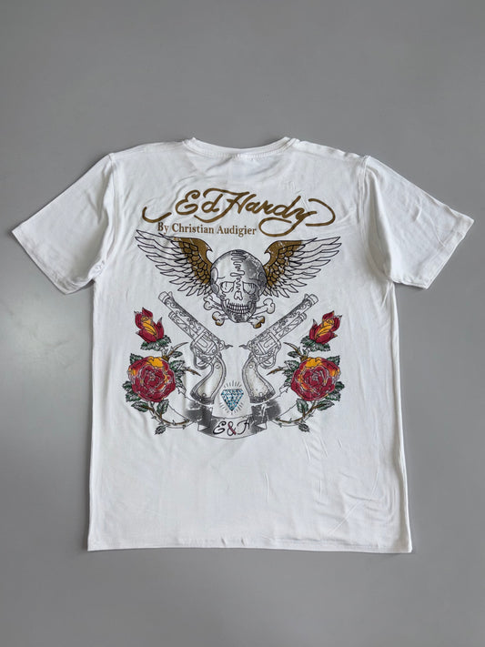 Ed Hardy by Christian Audigier White Tee  Gold Script Logo, Winged Skull Front & Crossed Pistols Roses Back Graphic (M)