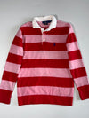 Ralph Lauren Pink & Red Striped Rugby Shirt with White Collar and Blue Pony Logo, Size (M)