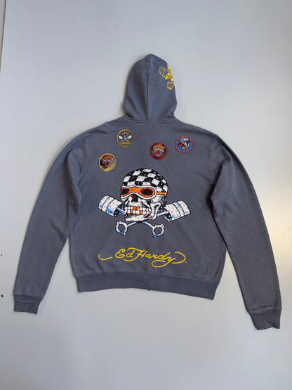 !      Ed Hardy 'Skull & Pistons' Rhinestone Zip-Up Jacket - Slate Grey (U.RARE) (M/L)