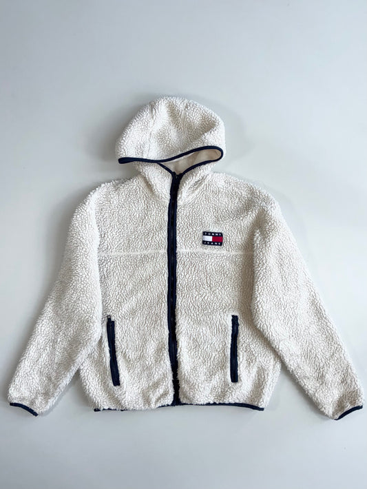 Tommy Jeans | Cream Sherpa Hooded Full-Zip Jacket | (L)