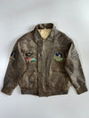 Authentic Avirex LTD Vintage Distressed Brown Leather Flight Bomber Jacket w/ Map Lining & Patches — Space Shuttle / Lunar Landing / LA Police / Aviation Wings (XL)