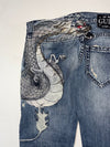 Vintage Guess Blue Embroidered Distressed Denim Jeans (W:30) (L:35)