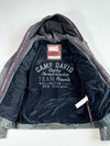 Camp David Black Leather Hooded Biker Jacket – Rugby Crest Embossing, Quilted Shoulders (XL)