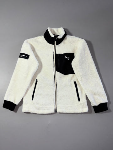 Puma White & Black Sherpa Fleece Zip-Up Jacket with Chest Pocket (S)