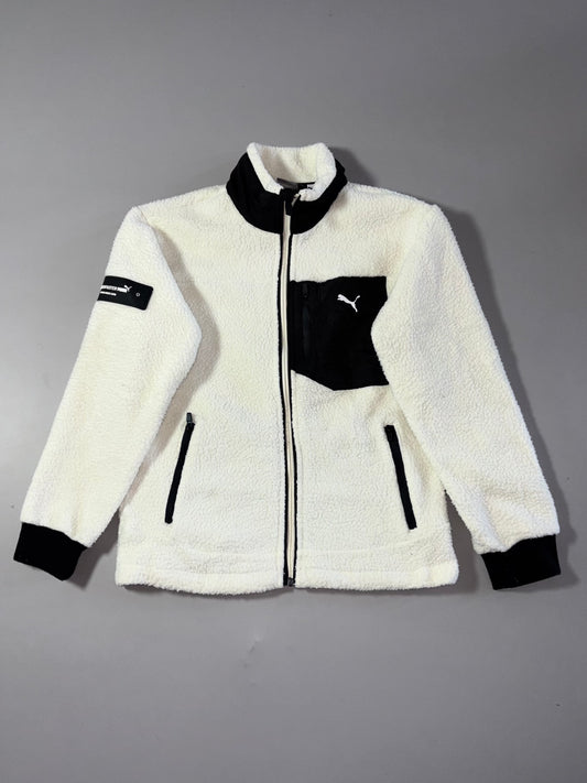Puma White & Black Sherpa Fleece Zip-Up Jacket with Chest Pocket (S)