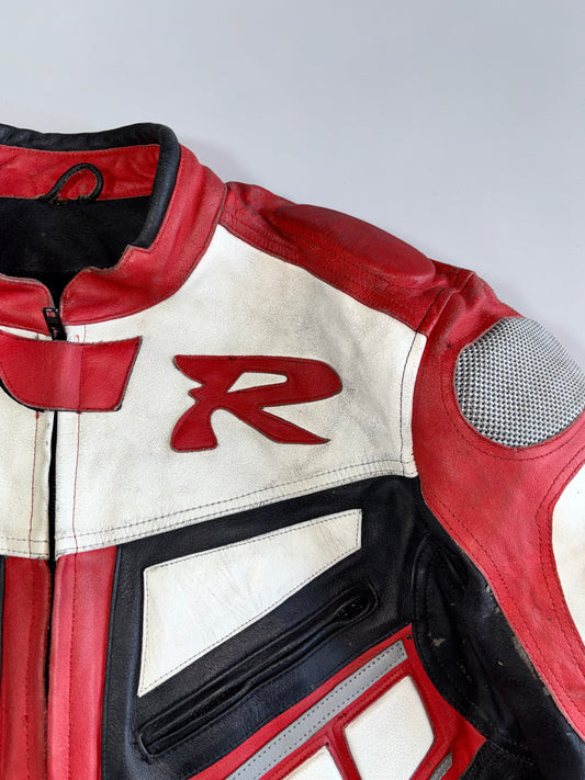 Yamaha R-Series Colorblock Appliqué Armored Leather Motorsport Racing Jacket (XL)