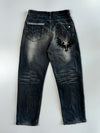 Sheng Yuehan Y2K Heavy Distressed Whisker Wash Dark Indigo Straight Leg Denim Jeans (W:32 |L:44)