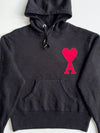 AMI Paris Black Knit Hoodie with Red Ami de Coeur Logo (L)