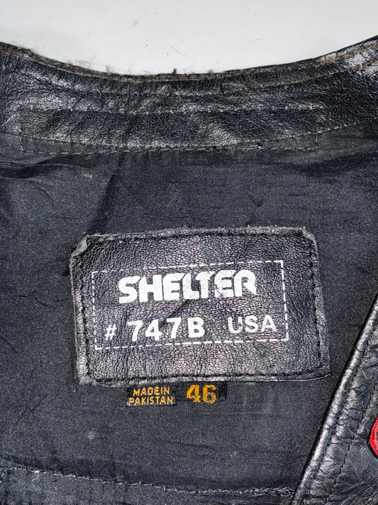 Vintage 90s Shelter Leather Biker Vest with Sturgis & Laconia Rally Patches (XL)