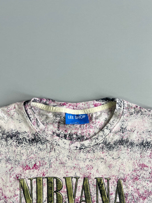 Nirvana Kurt Cobain All-Over Print Acid Wash Double-Sided Graphic T-Shirt (L/XL)