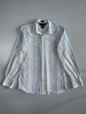 Tommy Hilfiger Slim Fit Flag Logo Multi-Stripe Cotton Button-Down Shirt Blue/White (M)