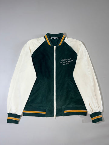 Zara Varsity Fleece Bomber Jacket “Athletic Team Est. 1975” – Green & Cream (XL)