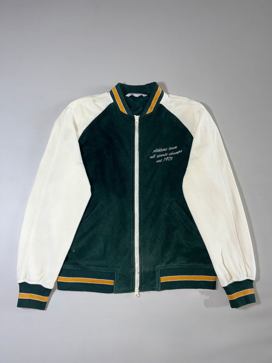 Zara Varsity Fleece Bomber Jacket “Athletic Team Est. 1975” – Green & Cream (XL)