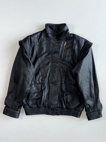 Vintage Leder Black Leather Bomber Jacket Detachable arms(L)