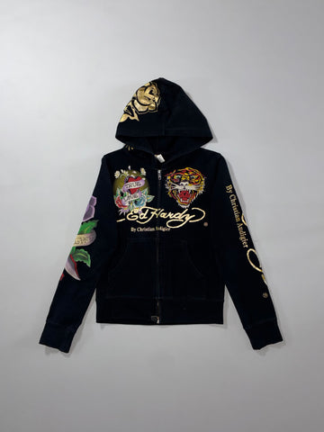 Ed Hardy by Christian Audigier Tiger & True Love Graphic Full-Zip Hoodie  W/ Rhinestones (XS)
