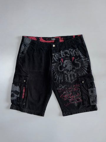 Rock Rebel | Graphic Cargo Shorts | Black & Red Eagle Print (W:38|L:23)