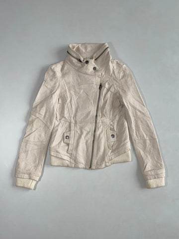 Lavenlico Cream Leather Asymmetric Zip Biker Jacket with Ribbed Knit Hem & Cuffs Women’s (XXS)