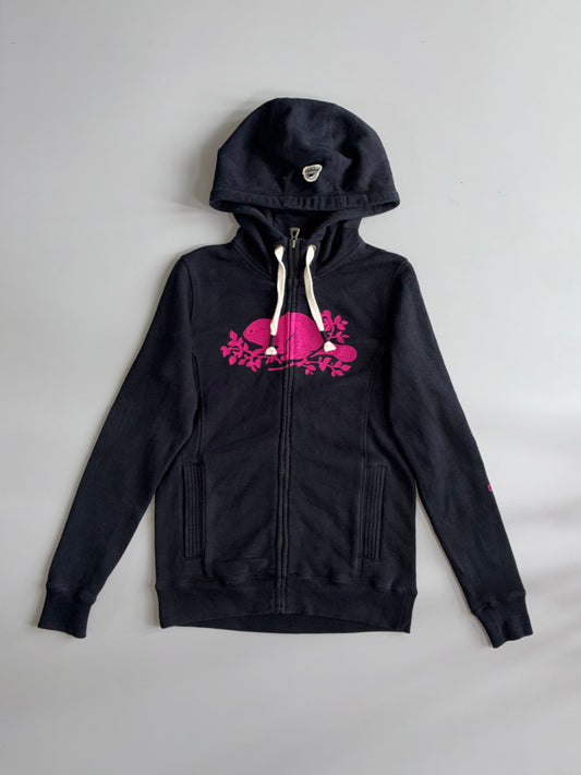 Roots Canada Beaver Logo Zip-Up Hoodie Black Pink Embroidery (XS)