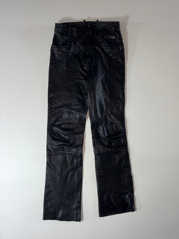 Vintage Black Leather Straight Fit Pants with Panelled Knees(W:30) (L:43)