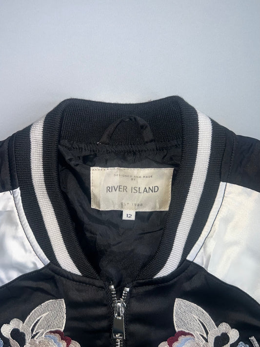 River Island | Floral Embroidered Satin Souvenir Bomber Jacket (S)