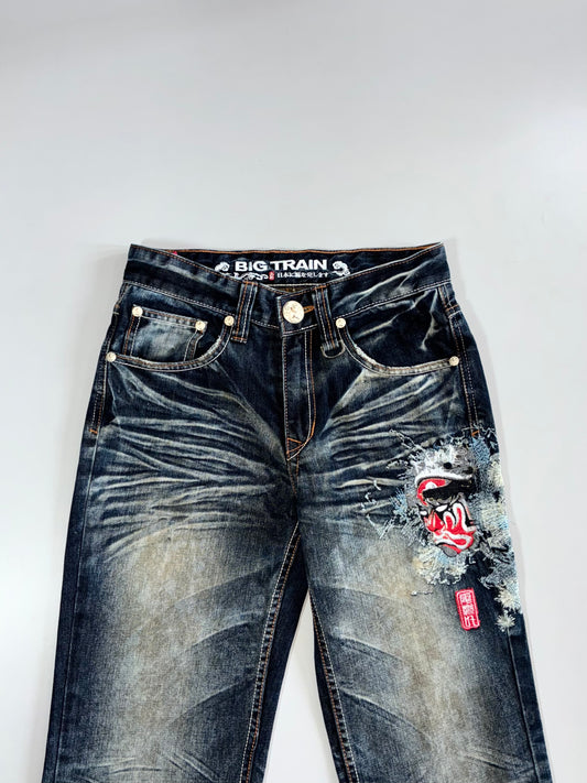 Big Train Japanese Denim “Kabuki Mask” Embroidered Jeans (W:26 |L:38)