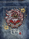 Japanese Oni Leather-Patch Brocade Panel Jeans embroidered (W:42) (L:44.5)