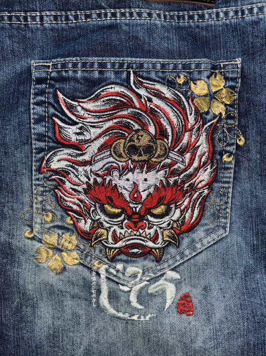 Japanese Oni Leather-Patch Brocade Panel Jeans embroidered (W:42) (L:44.5)