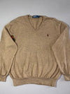 Vintage 90s Polo by Ralph Lauren Camel V-Neck Sweater – Crest Sleeve Patch (XL)