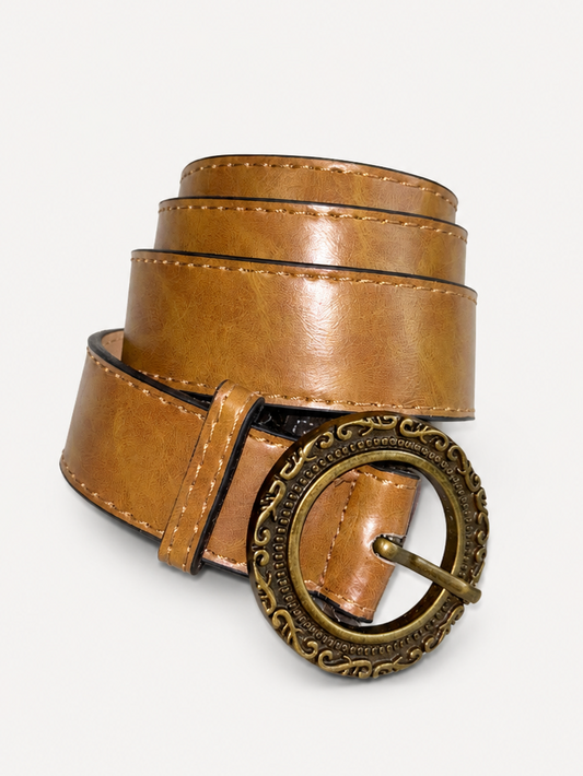 Vintage Tan Leather Belt | Ornate Brass Round Buckle | Unbranded (W:25 - W:33)