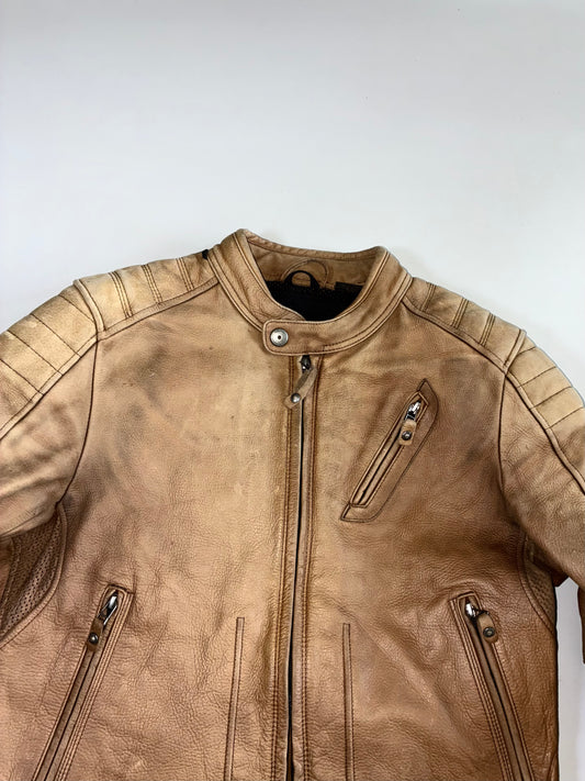 REV’IT! Vintage Washed Tan Leather Cafe Racer Moto Jacket Padded ((M)