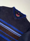 Tommy Hilfiger Crest Label Striped V-Neck Sweater – Navy/Royal Blue (L)