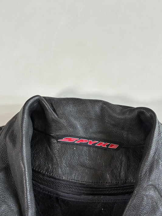 Spyke Black Leather Motorcycle Racing Jacket – Blue & Grey Stripes – Reflective Logo Padded (L)