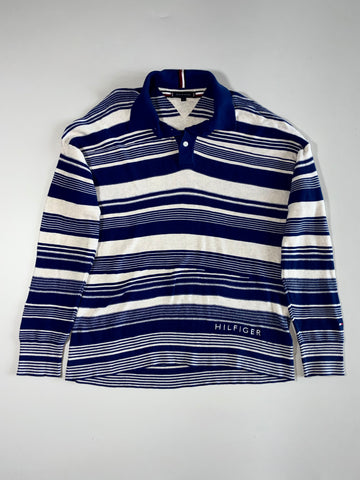 Tommy Hilfiger Blue & White Striped Long Sleeve Knit Polo with Hilfiger Logo, Size(XL)