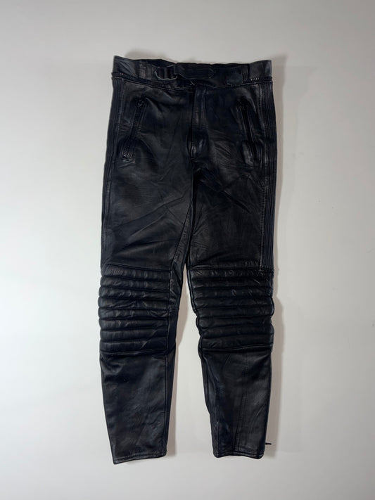 Vintage Black Leather Biker Pants with Padded Ribbed Knees (W:32) (L:37)
