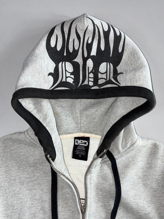 Double Diamond “I Am Hot” Grey Flame Graphic Zip Hoodie (M)