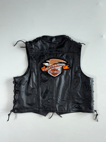 Vintage Euro Stars Harley Davidson Patch Lace-Up Leather Biker Vest (XL)