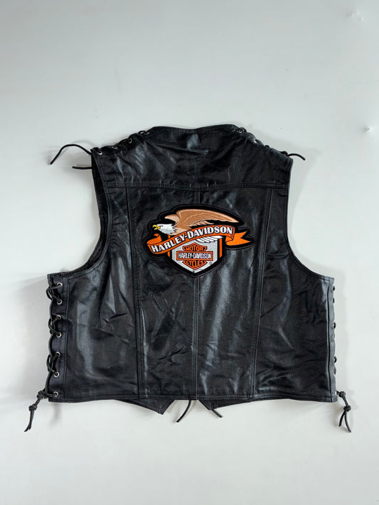 Vintage Euro Stars Harley Davidson Patch Lace-Up Leather Biker Vest (XL)