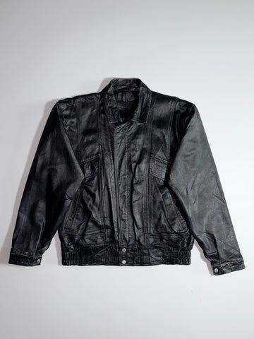 Vintage Leather Bomber Jacket – Black Snap-Cuff (M/L)