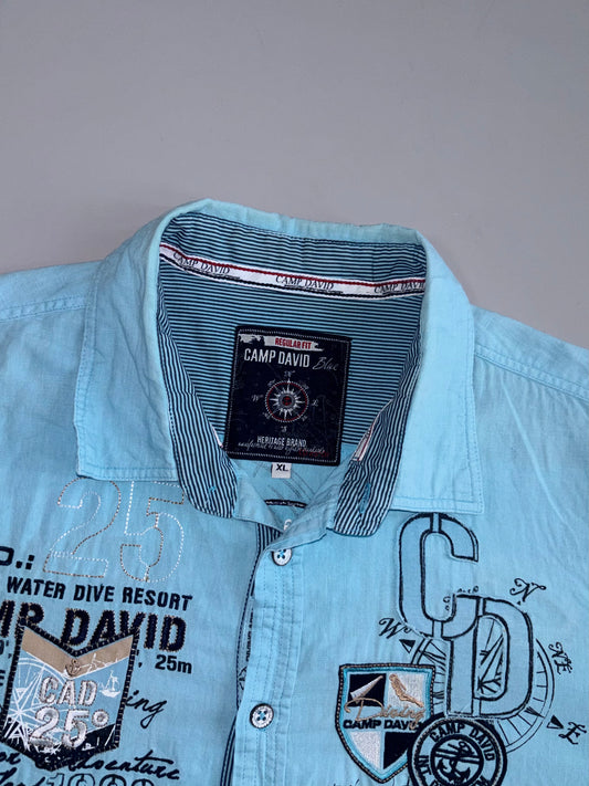 Camp David Blue Linen Blend Embroidered Short Sleeve Shirt (2XL)