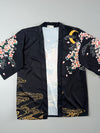 Muzicun Black Satin Kimono Jacket Floral Moon Print Cherry Blossom Size (L)