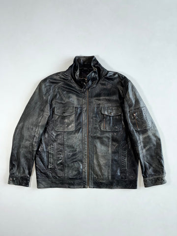 San Remo Vera Pelle Black Distressed Leather Jacket – Stand Collar & Cargo Pockets, Italian Label (XL)