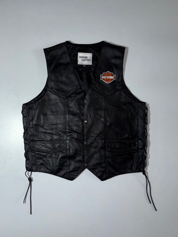 Vintage Harley-Davidson Genuine Leather Motorcycle Vest with Braided Trim & Side Lace-Up (XL)