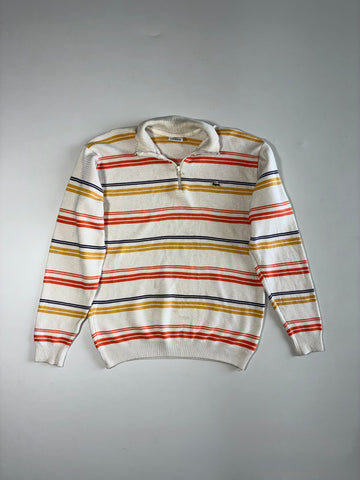 Lacoste Quarter-Zip Striped Knit Sweater, Cream with Orange, Mustard & Navy Stripes (S/M)