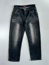Sheng Yuehan Y2K Heavy Distressed Whisker Wash Dark Indigo Straight Leg Denim Jeans (W:32 |L:44)