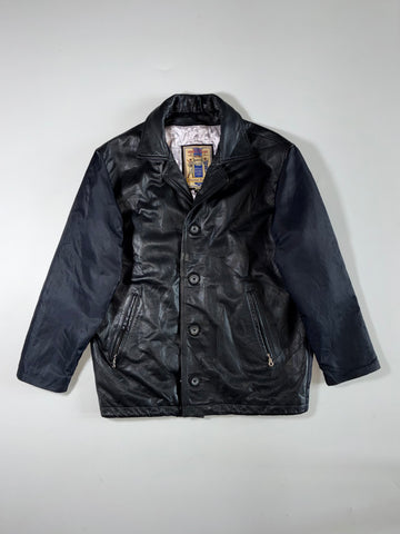 Dakota | Black Leather Car Coat – Nylon Sleeves Federal League Label | (XL)