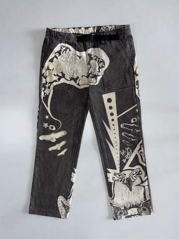 Graphic Art Print Denim Pants | Japanese Tattoo Floral Eagle Artwork Black (W:32|L:36)
